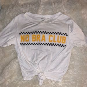 💛 “No Bra Club” tie up graphic crop tee